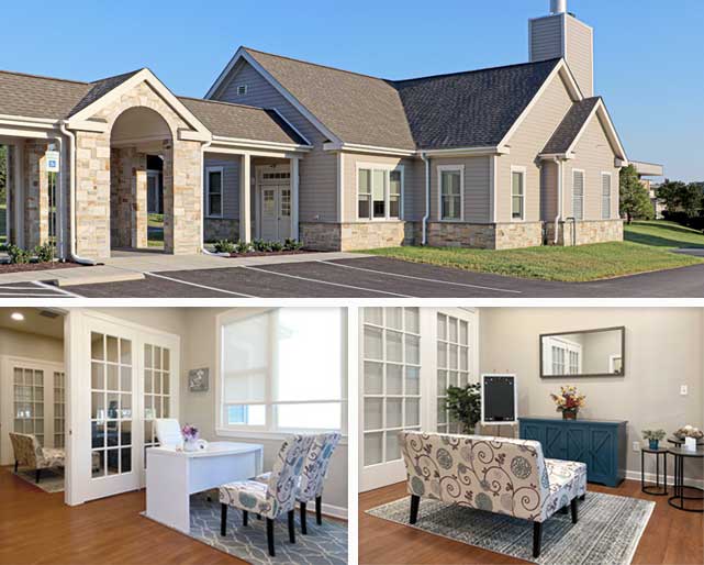 Dulaney Valley Pet Loss Center exterior and lobby and family room interior.