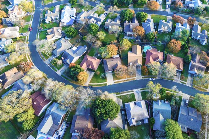 Aerial view of residential neighborhood.